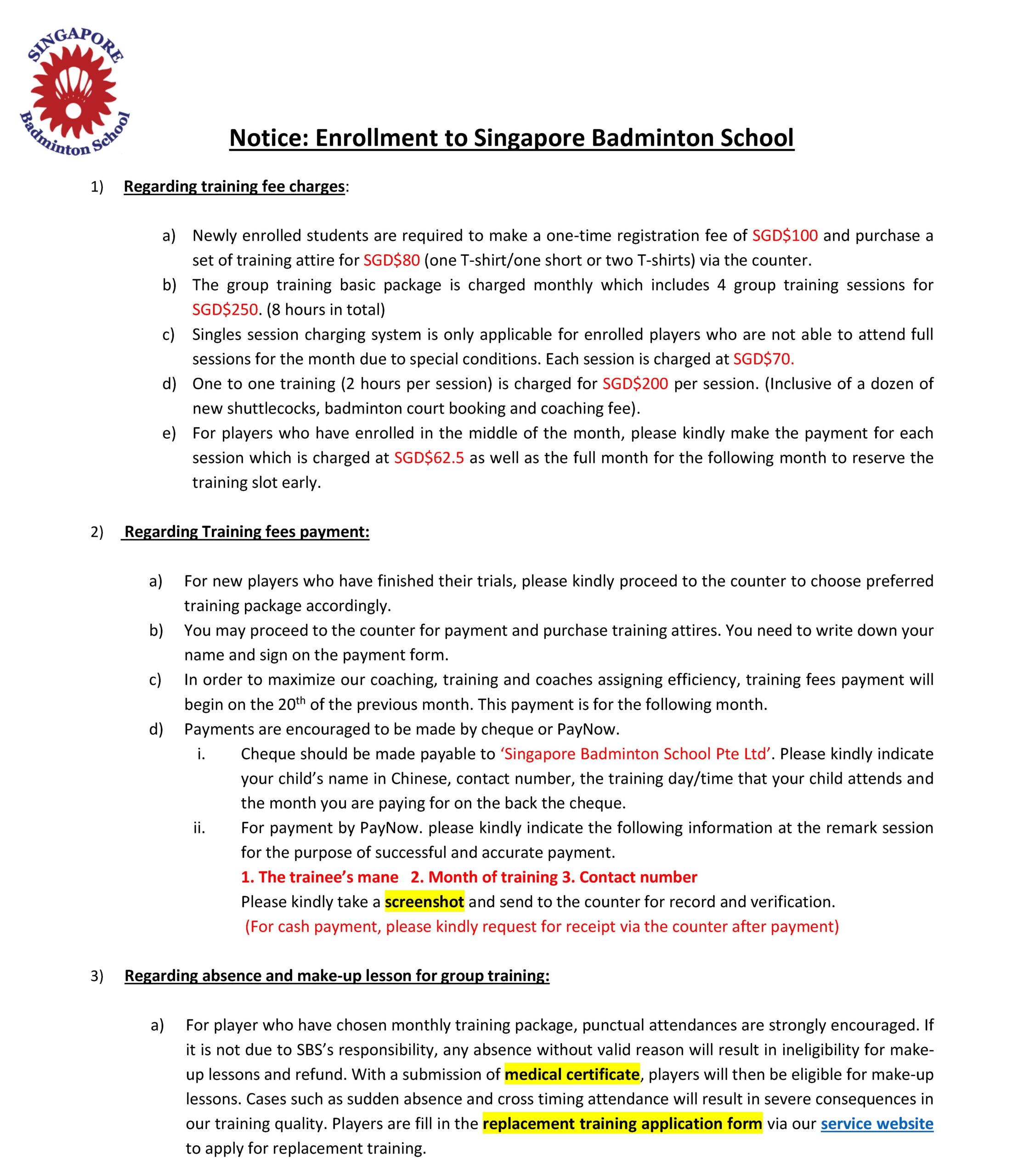 SBS enrollment notice 2023 Singapore Badminton School